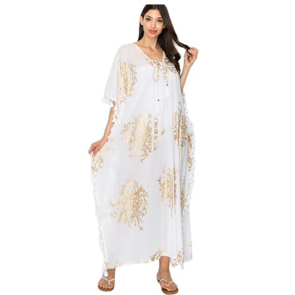 WHITE WAVES Other - Women’s NWT Elegant White and Metallic  Gold Pom Pom Long Kaftan, One Size.